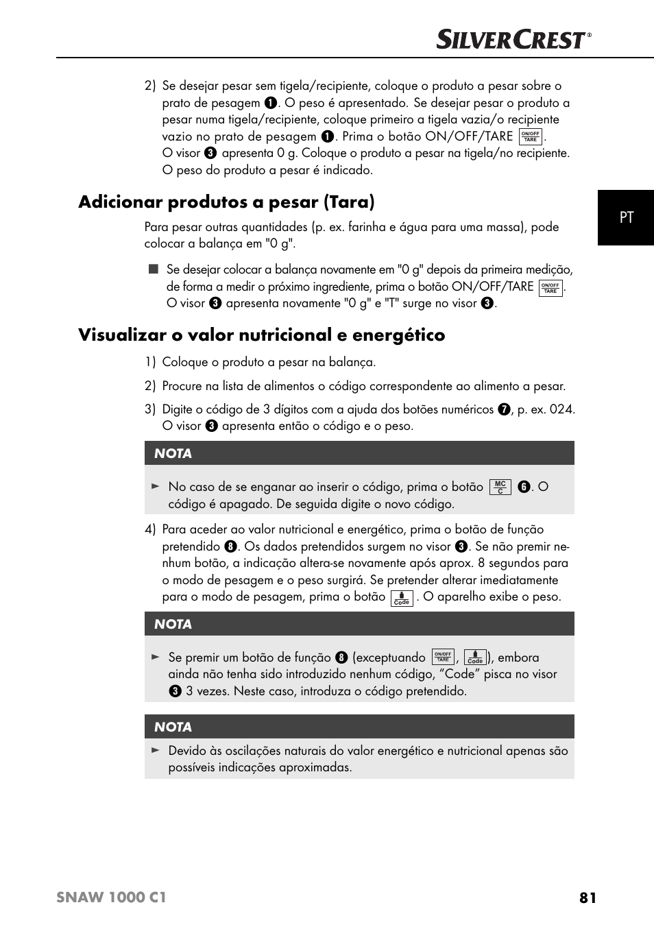 Adicionar produtos a pesar (tara), Visualizar o valor nutricional e energético | Silvercrest SNAW 1000 C1 User Manual | Page 84 / 183