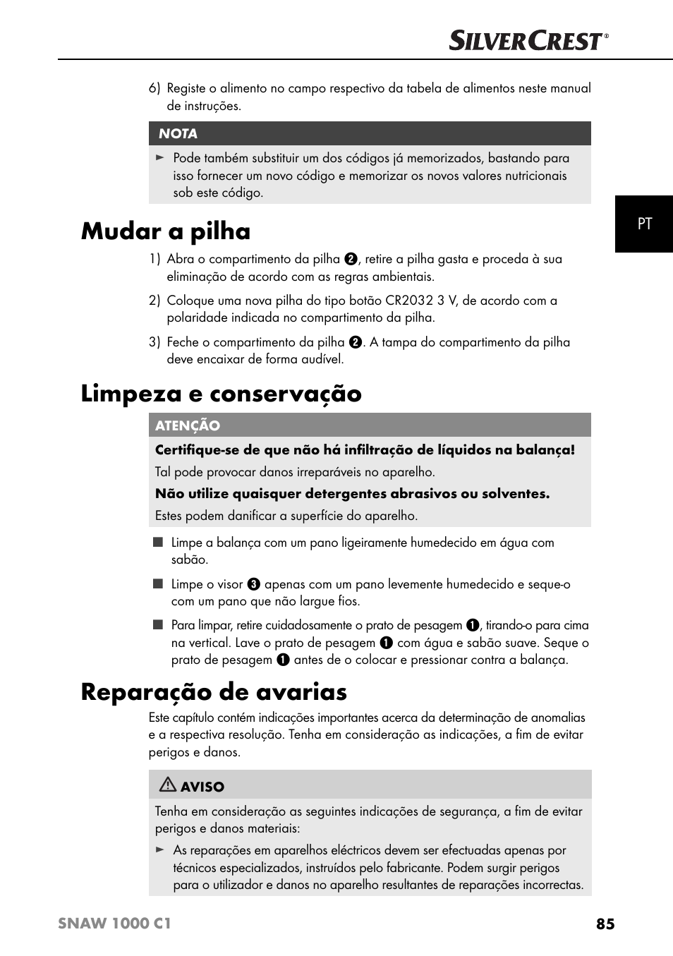 Mudar a pilha, Limpeza e conservação, Reparação de avarias | Silvercrest SNAW 1000 C1 User Manual | Page 88 / 183