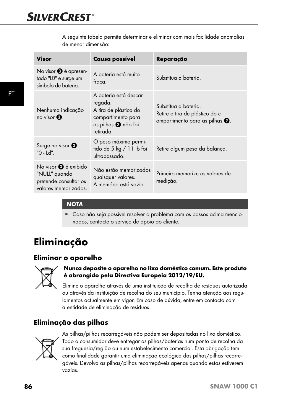 Eliminação, Eliminar o aparelho, Eliminação das pilhas | Silvercrest SNAW 1000 C1 User Manual | Page 89 / 183