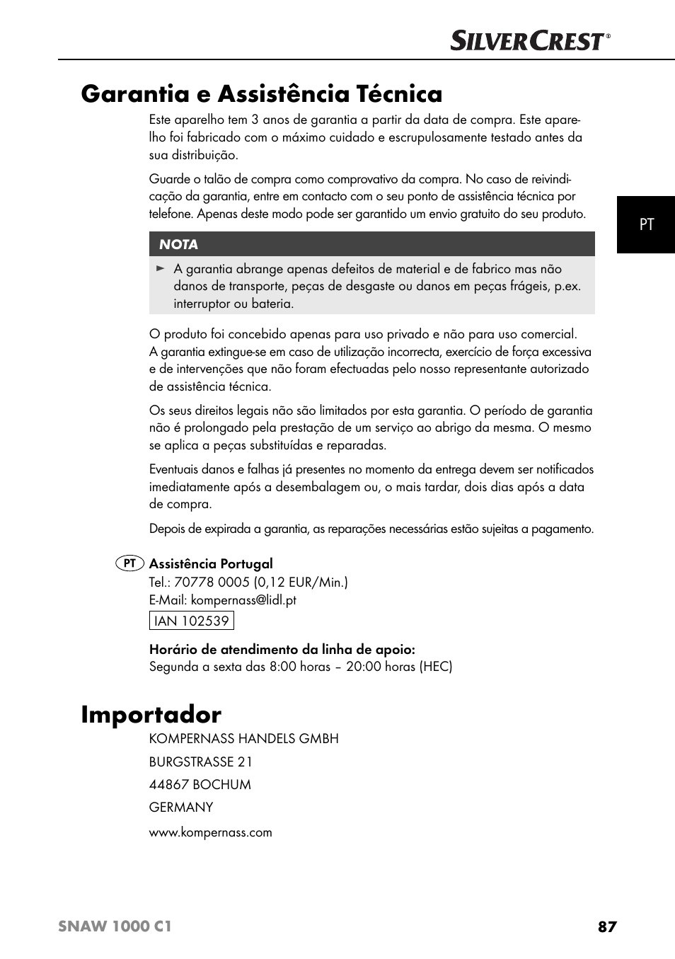 Garantia e assistência técnica, Importador | Silvercrest SNAW 1000 C1 User Manual | Page 90 / 183