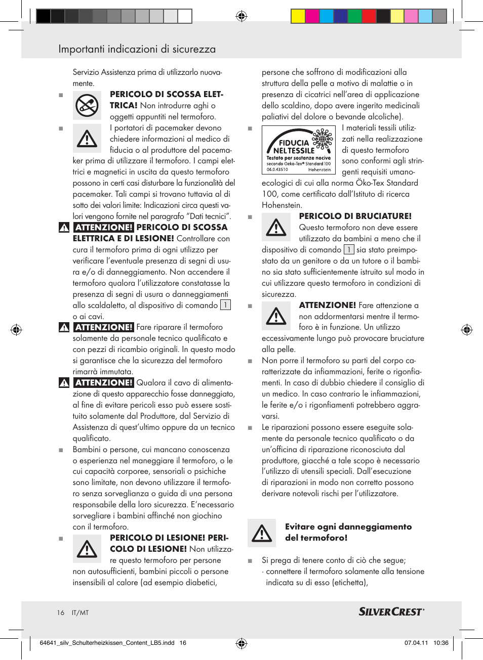 Importanti indicazioni di sicurezza | Silvercrest Neck & Shoulder Heating Pad User Manual | Page 12 / 40