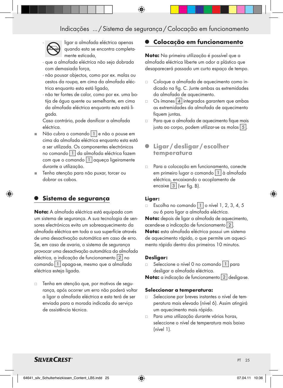 Sistema de segurança, Colocação em funcionamento, Ligar / desligar / escolher temperatura | Silvercrest Neck & Shoulder Heating Pad User Manual | Page 21 / 40
