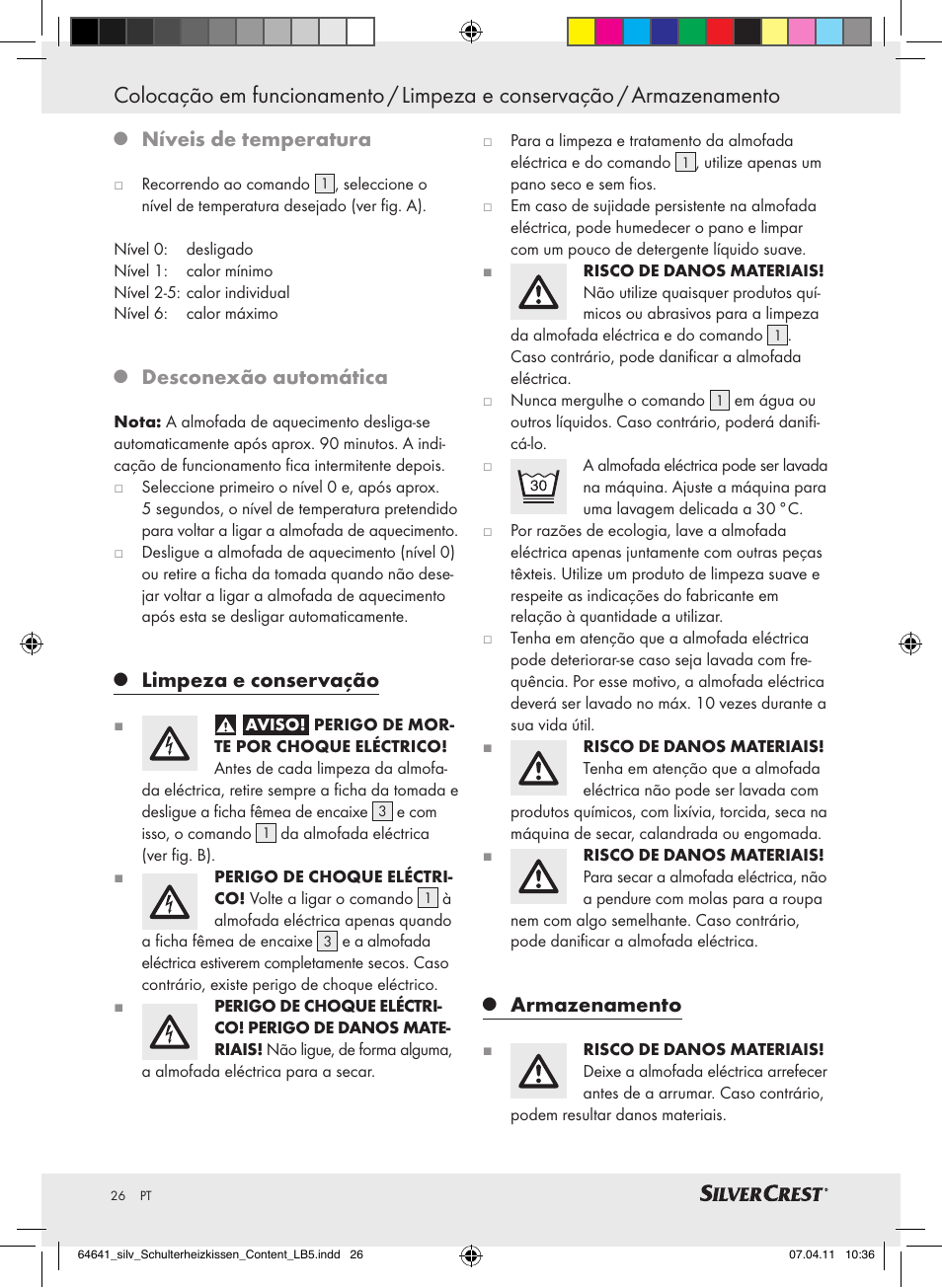 Níveis de temperatura, Desconexão automática, Limpeza e conservação | Armazenamento | Silvercrest Neck & Shoulder Heating Pad User Manual | Page 22 / 40