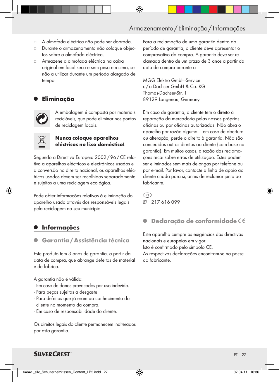 Armazenamento / eliminação / informações, Eliminação, Informações | Garantia / assistência técnica, Declaração de conformidade | Silvercrest Neck & Shoulder Heating Pad User Manual | Page 23 / 40