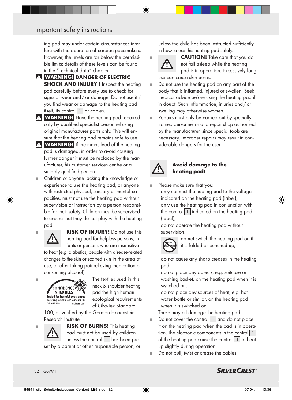 Important safety instructions | Silvercrest Neck & Shoulder Heating Pad User Manual | Page 28 / 40