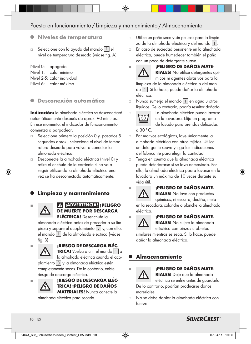 Niveles de temperatura, Desconexión automática, Limpieza y mantenimiento | Almacenamiento | Silvercrest Neck & Shoulder Heating Pad User Manual | Page 6 / 40