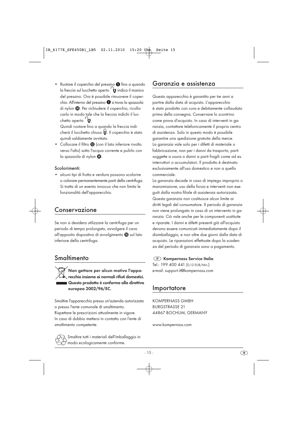 Conservazione, Smaltimento, Garanzia e assistenza | Importatore | Silvercrest SFE 450 B1 User Manual | Page 17 / 43