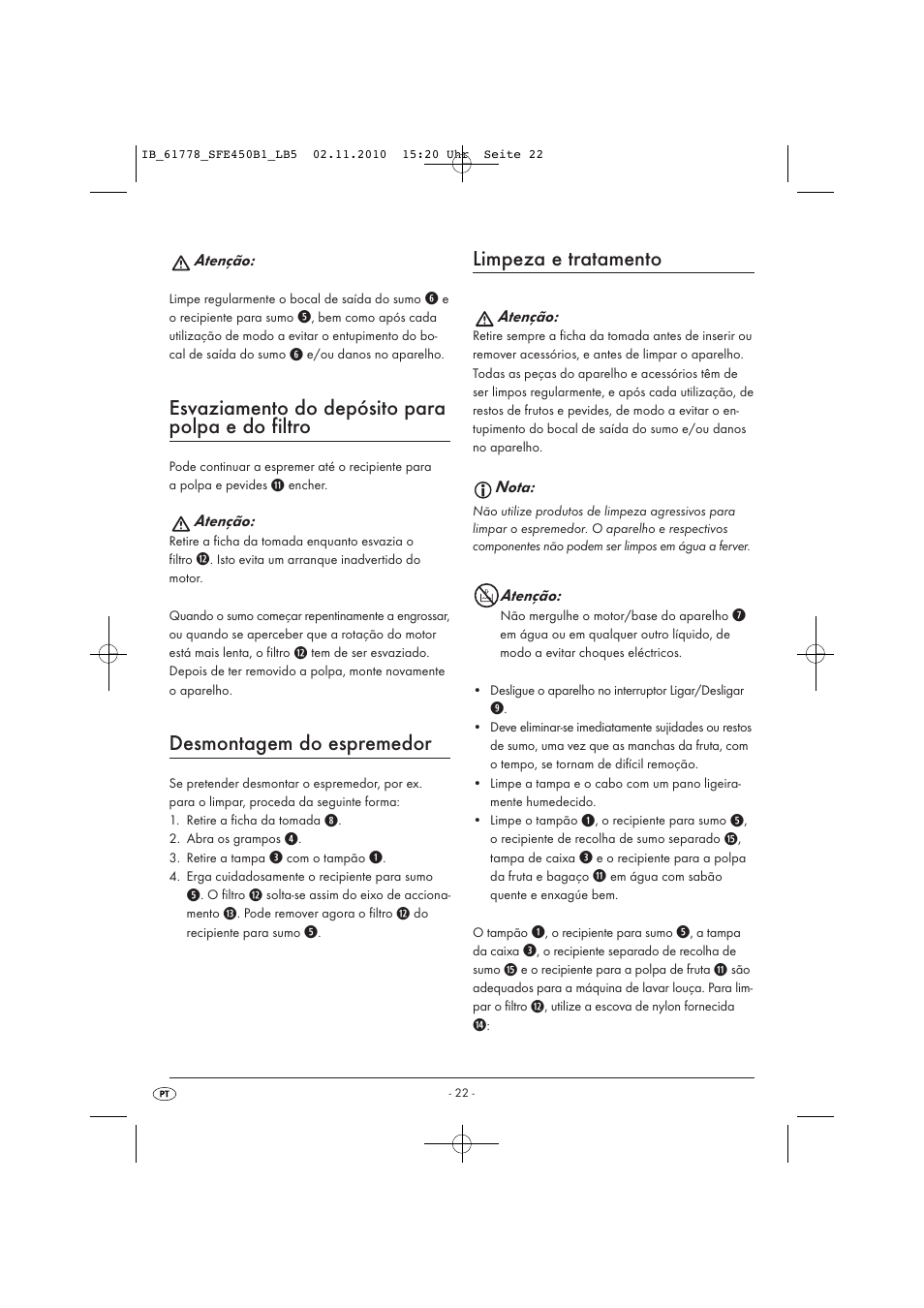 Esvaziamento do depósito para polpa e do filtro, Desmontagem do espremedor, Limpeza e tratamento | Silvercrest SFE 450 B1 User Manual | Page 24 / 43