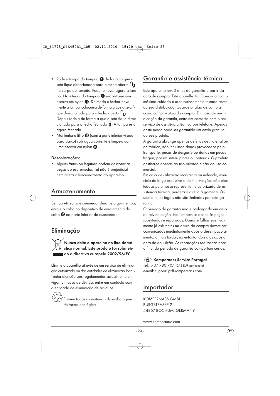 Armazenamento, Eliminação, Garantia e assistência técnica | Importador | Silvercrest SFE 450 B1 User Manual | Page 25 / 43