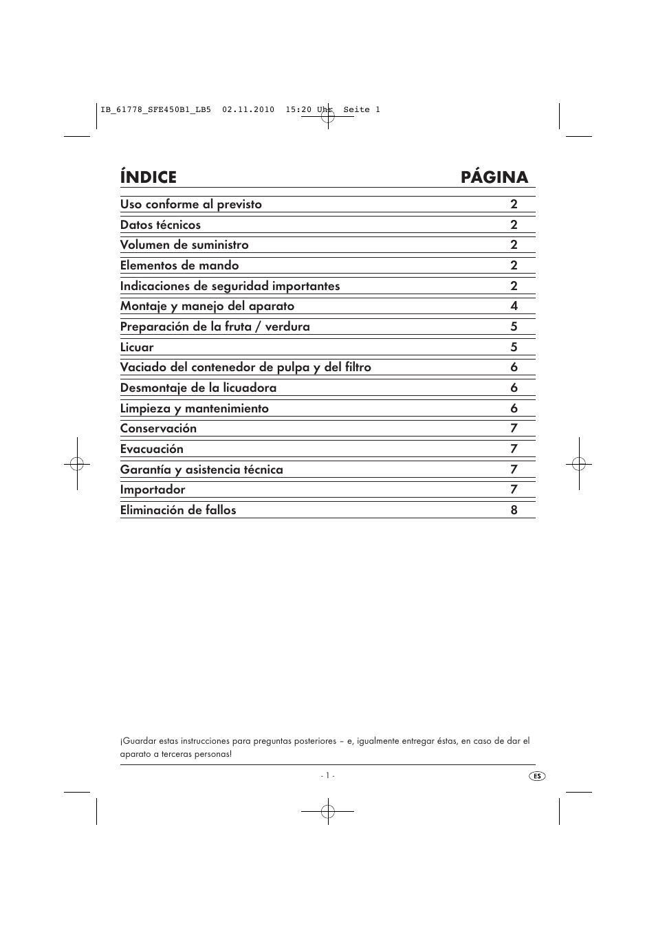 Índice página | Silvercrest SFE 450 B1 User Manual | Page 3 / 43