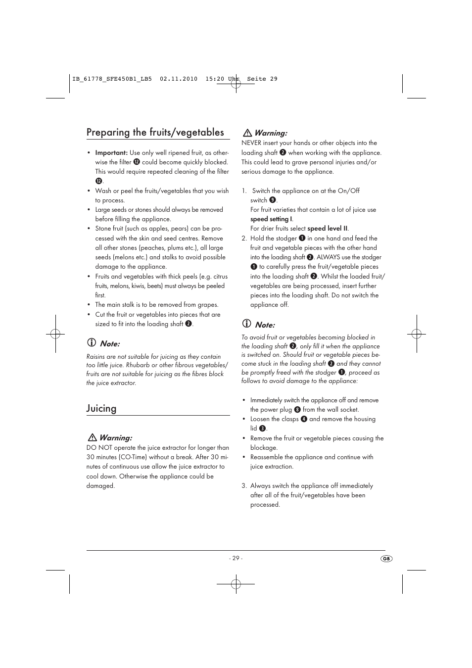 Preparing the fruits/vegetables, Juicing, Warning | Silvercrest SFE 450 B1 User Manual | Page 31 / 43