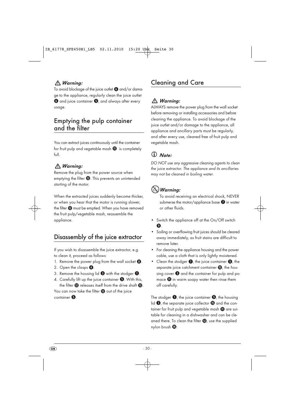 Emptying the pulp container and the filter, Disassembly of the juice extractor, Cleaning and care | Silvercrest SFE 450 B1 User Manual | Page 32 / 43