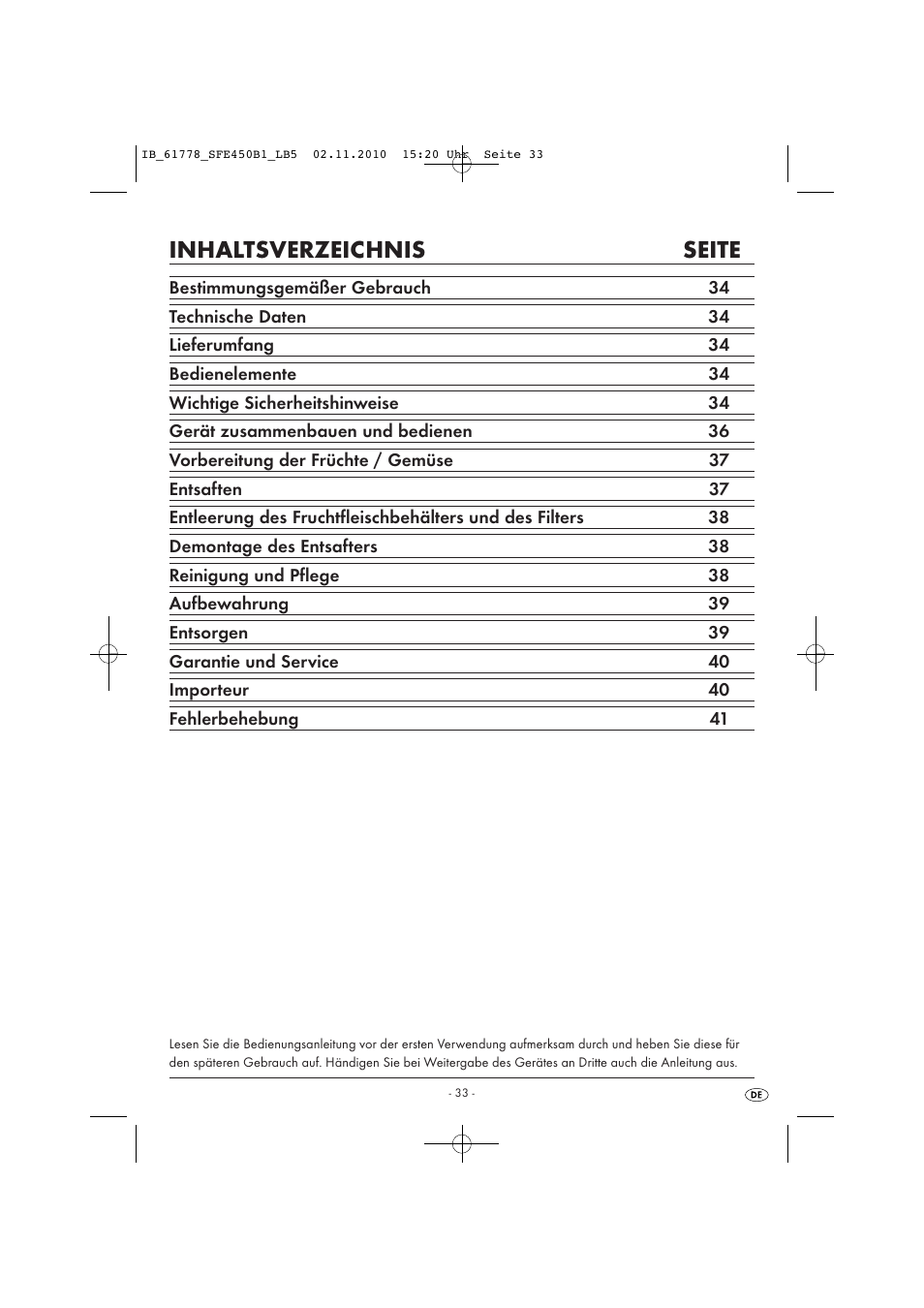 Inhaltsverzeichnis seite | Silvercrest SFE 450 B1 User Manual | Page 35 / 43