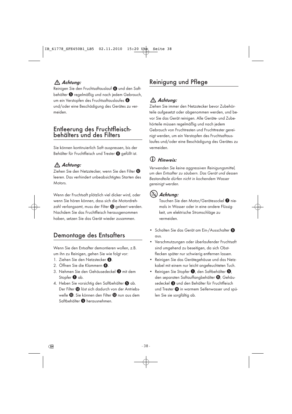 Demontage des entsafters, Reinigung und pflege | Silvercrest SFE 450 B1 User Manual | Page 40 / 43