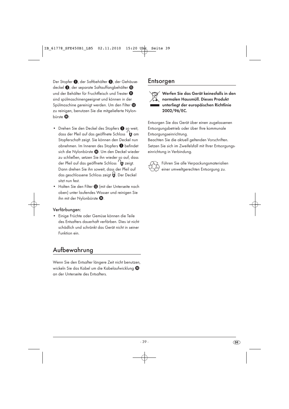 Aufbewahrung, Entsorgen | Silvercrest SFE 450 B1 User Manual | Page 41 / 43