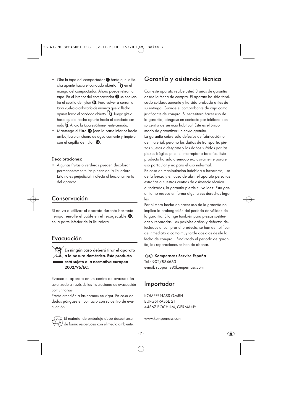 Conservación, Evacuación, Garantía y asistencia técnica | Importador | Silvercrest SFE 450 B1 User Manual | Page 9 / 43