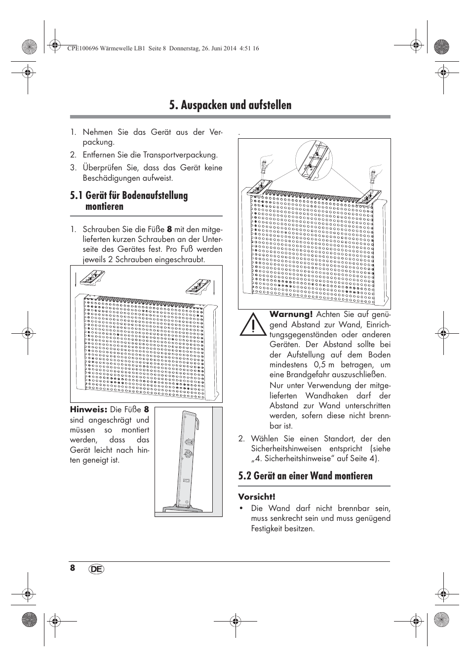 Auspacken und aufstellen, 1 gerät für bodenaufstellung montieren, 2 gerät an einer wand montieren | Silvercrest SWW 1500 B2 User Manual | Page 10 / 58