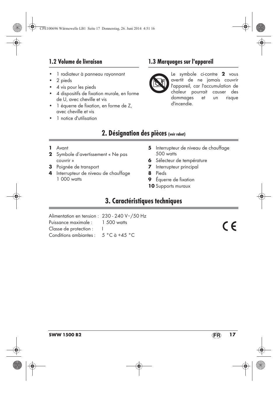 Désignation des pièces, Caractéristiques techniques, 2 volume de livraison | 3 marquages sur l'appareil | Silvercrest SWW 1500 B2 User Manual | Page 19 / 58