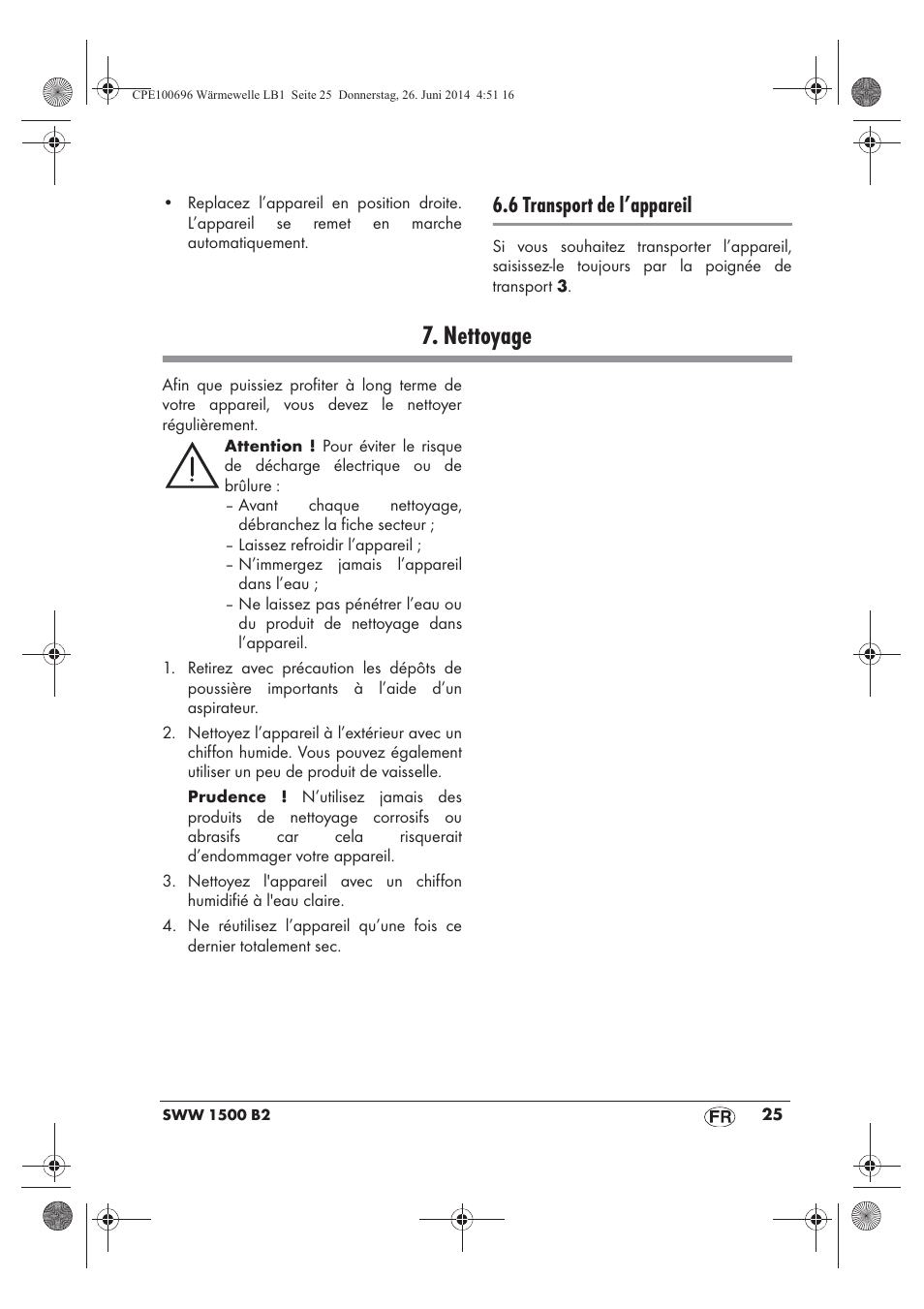 Nettoyage, 6 transport de l’appareil | Silvercrest SWW 1500 B2 User Manual | Page 27 / 58