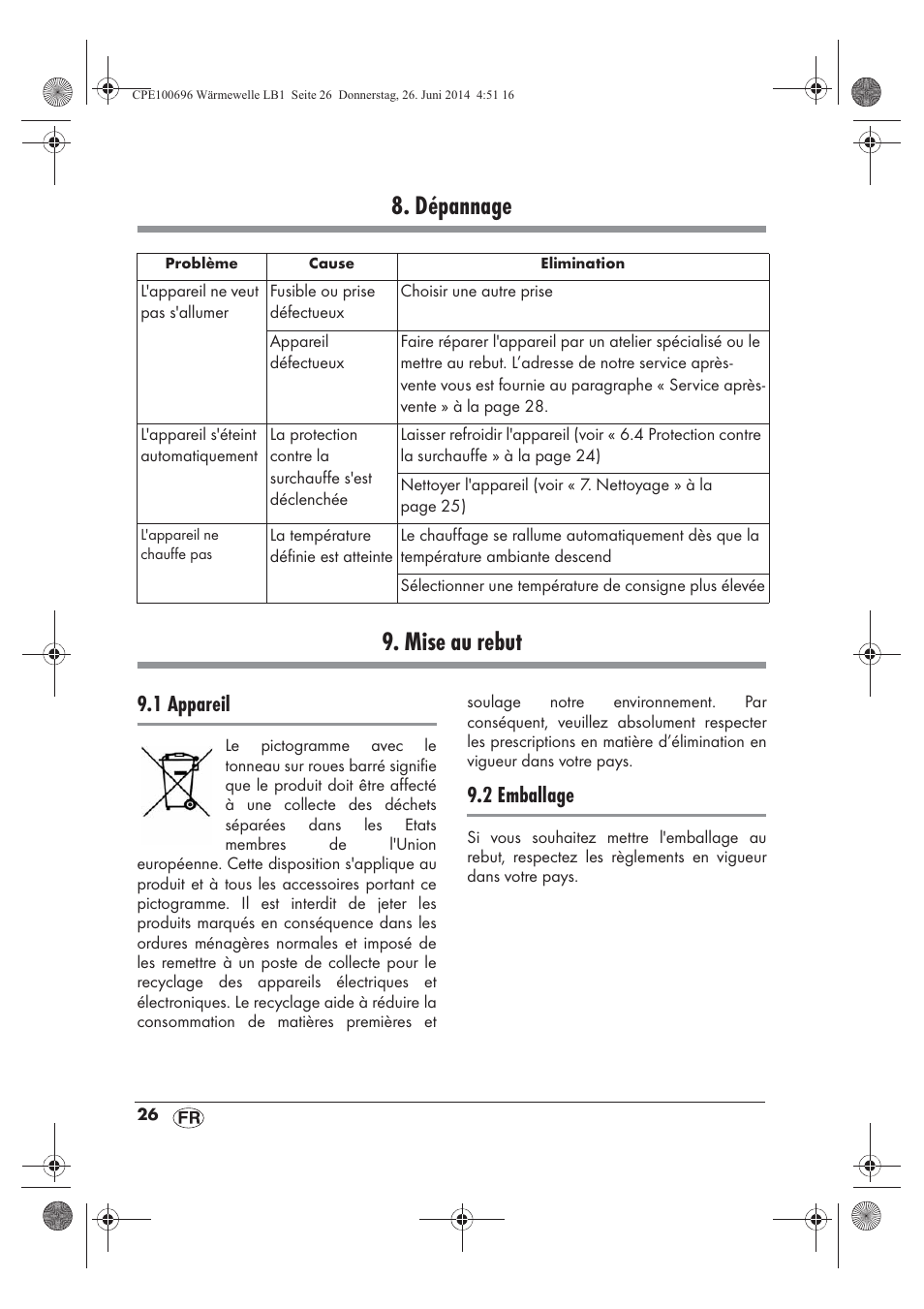 Dépannage 9. mise au rebut, 1 appareil, 2 emballage | Silvercrest SWW 1500 B2 User Manual | Page 28 / 58