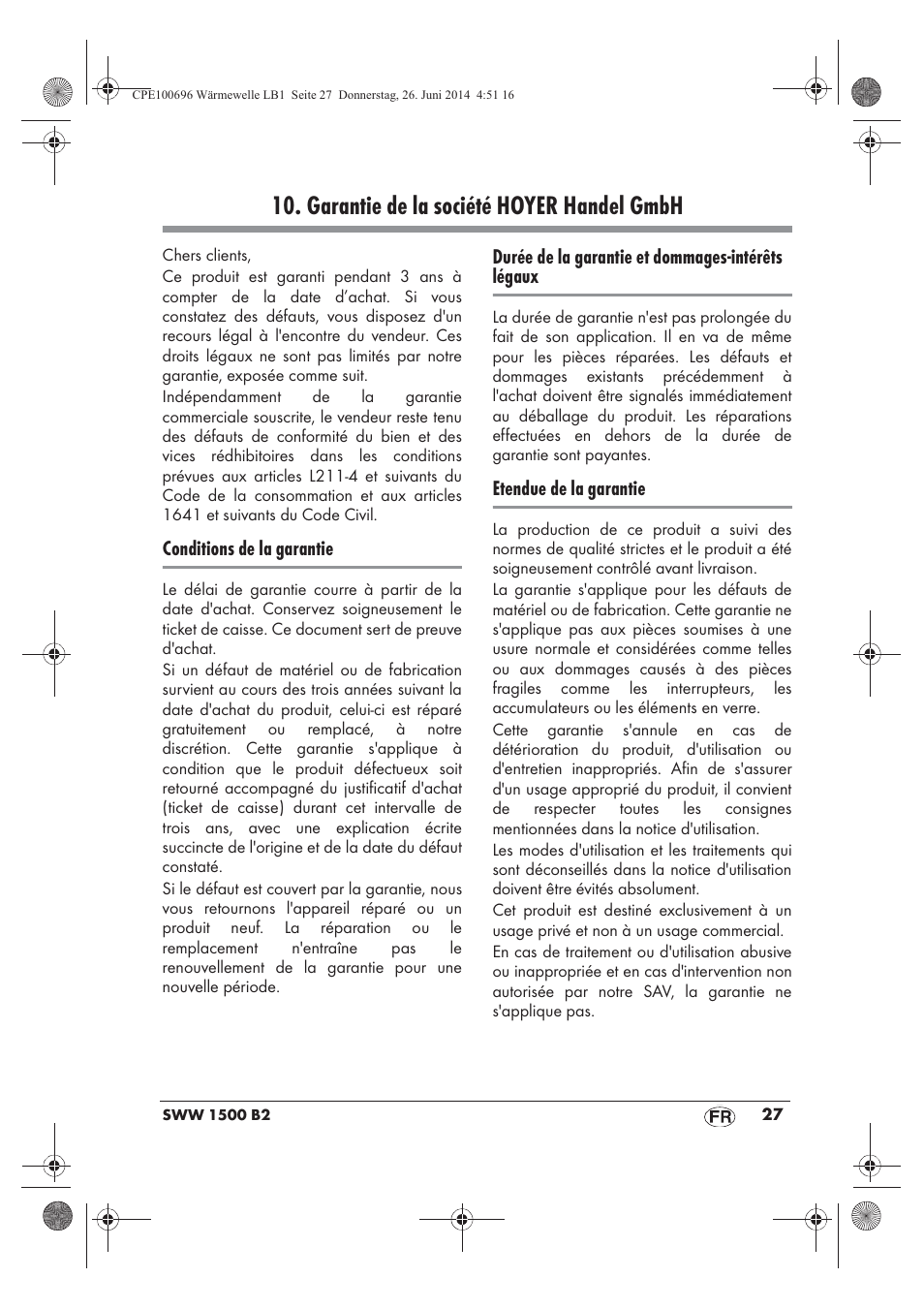 Garantie de la société hoyer handel gmbh | Silvercrest SWW 1500 B2 User Manual | Page 29 / 58