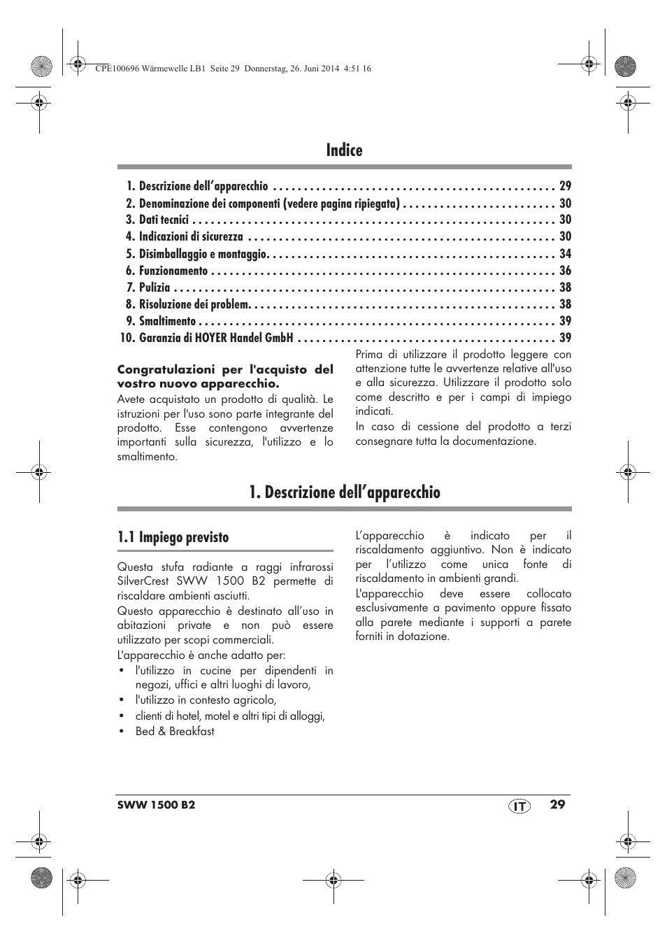 Indice, Descrizione dell’apparecchio, 1 impiego previsto | Silvercrest SWW 1500 B2 User Manual | Page 31 / 58