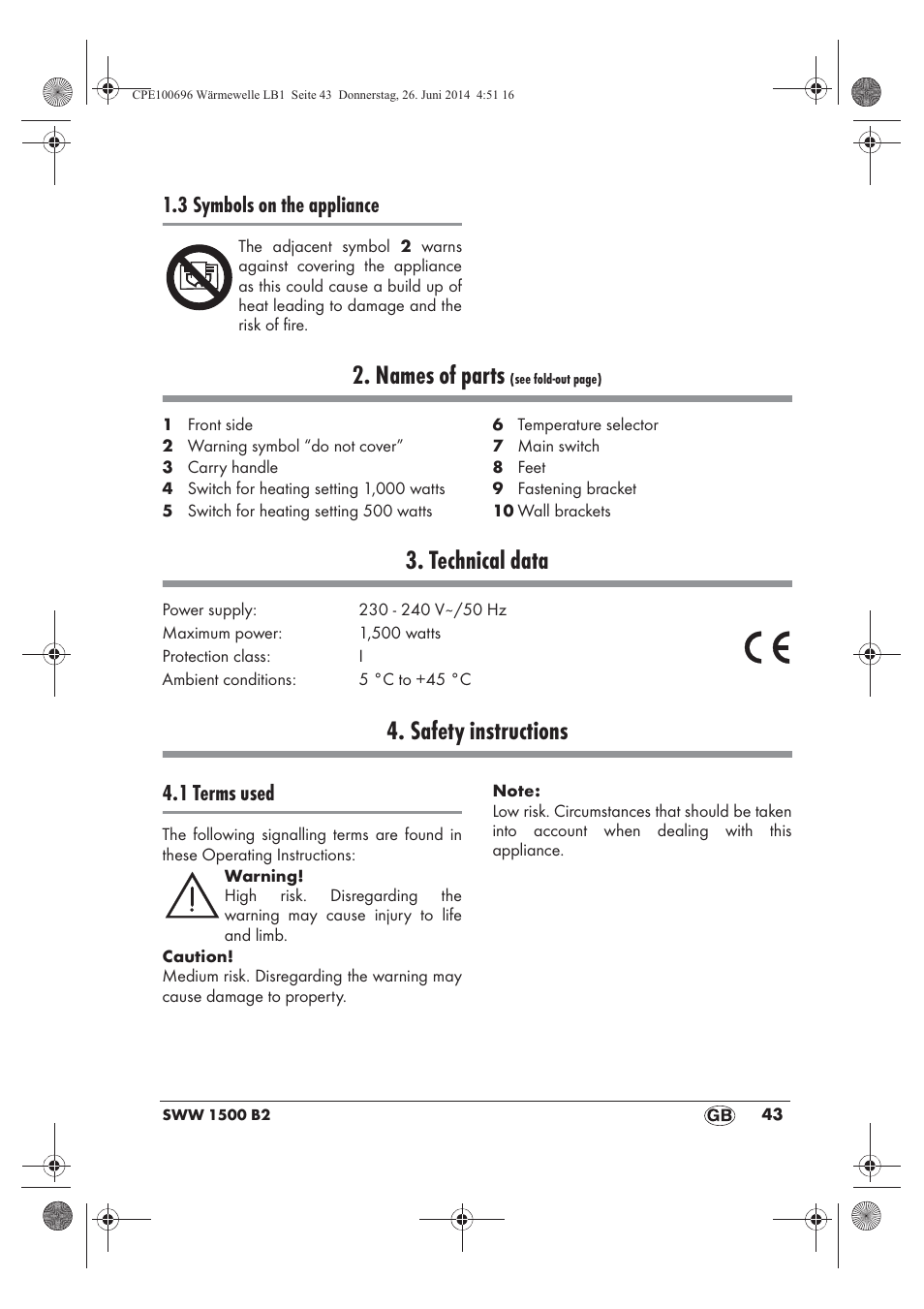 Names of parts, Technical data, Safety instructions | 3 symbols on the appliance, 1 terms used | Silvercrest SWW 1500 B2 User Manual | Page 45 / 58