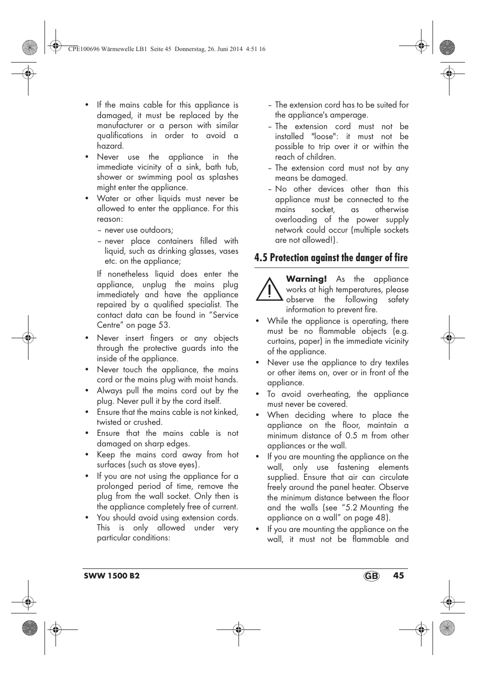 5 protection against the danger of fire | Silvercrest SWW 1500 B2 User Manual | Page 47 / 58
