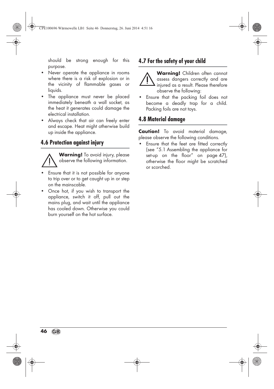 6 protection against injury, 7 for the safety of your child, 8 material damage | Silvercrest SWW 1500 B2 User Manual | Page 48 / 58