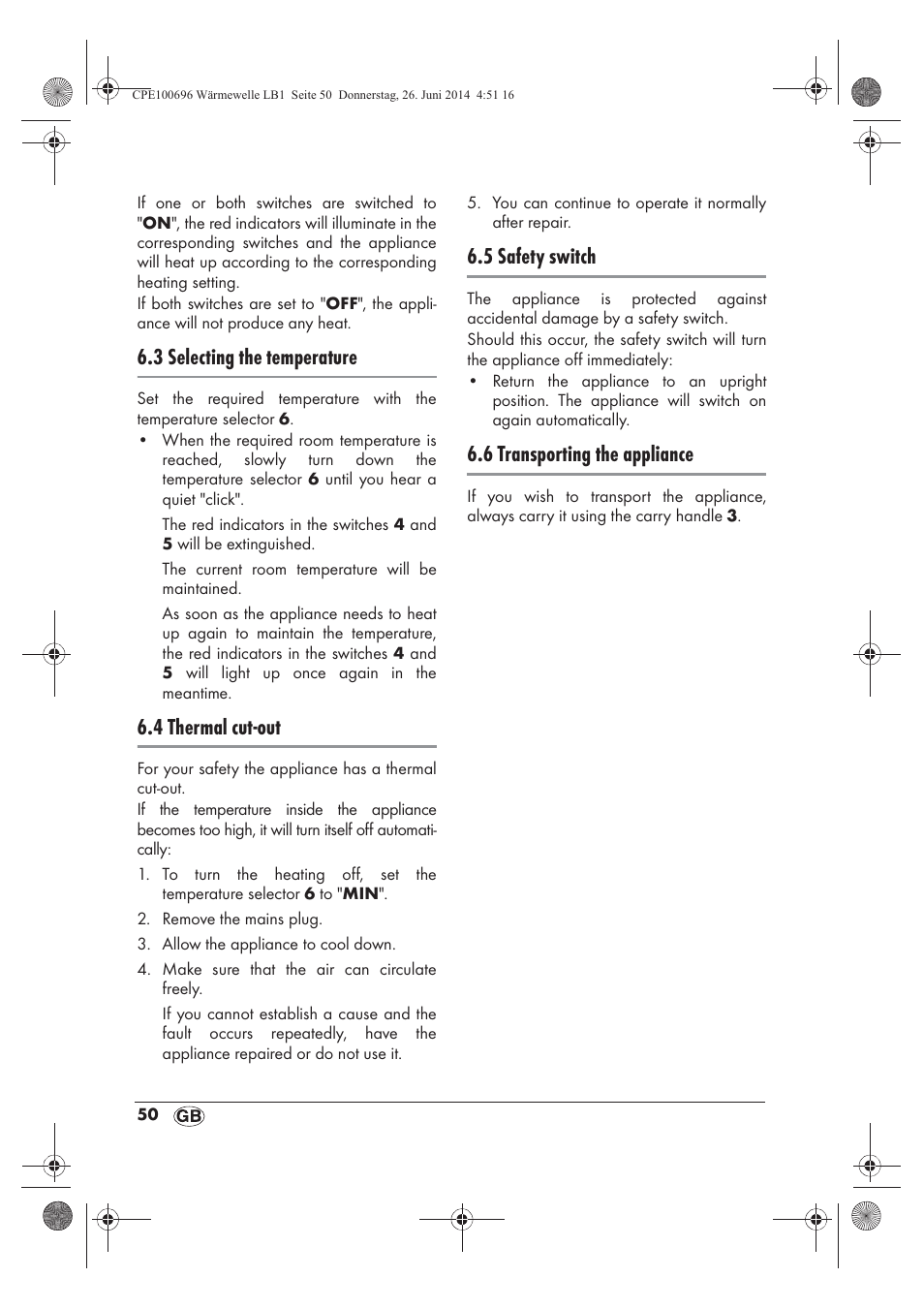 3 selecting the temperature, 4 thermal cut-out, 5 safety switch | 6 transporting the appliance | Silvercrest SWW 1500 B2 User Manual | Page 52 / 58