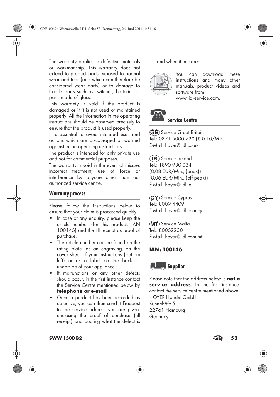 Warranty process, Service centre, Supplier | Silvercrest SWW 1500 B2 User Manual | Page 55 / 58