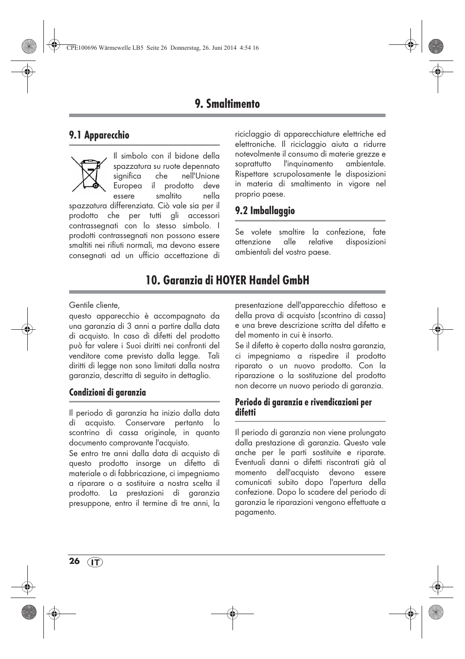 Smaltimento, Garanzia di hoyer handel gmbh | Silvercrest SWW 1500 B2 User Manual | Page 28 / 70