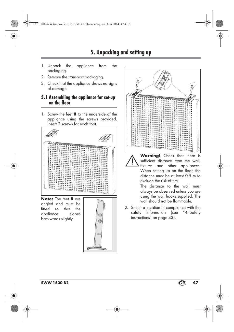 Unpacking and setting up, 1 assembling the appliance for set-up on the floor | Silvercrest SWW 1500 B2 User Manual | Page 49 / 70