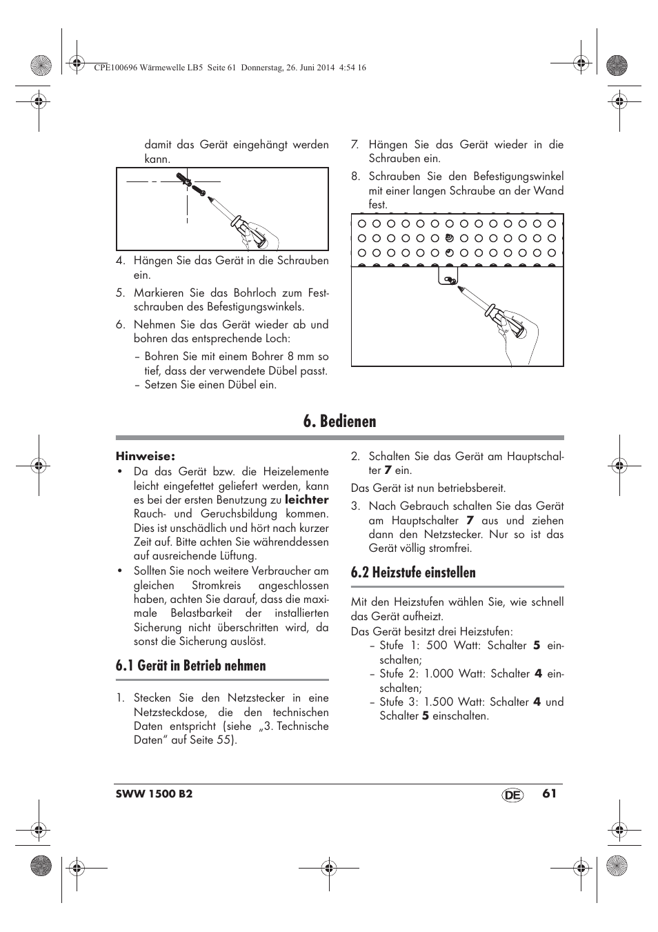 Bedienen, 1 gerät in betrieb nehmen, 2 heizstufe einstellen | Silvercrest SWW 1500 B2 User Manual | Page 63 / 70
