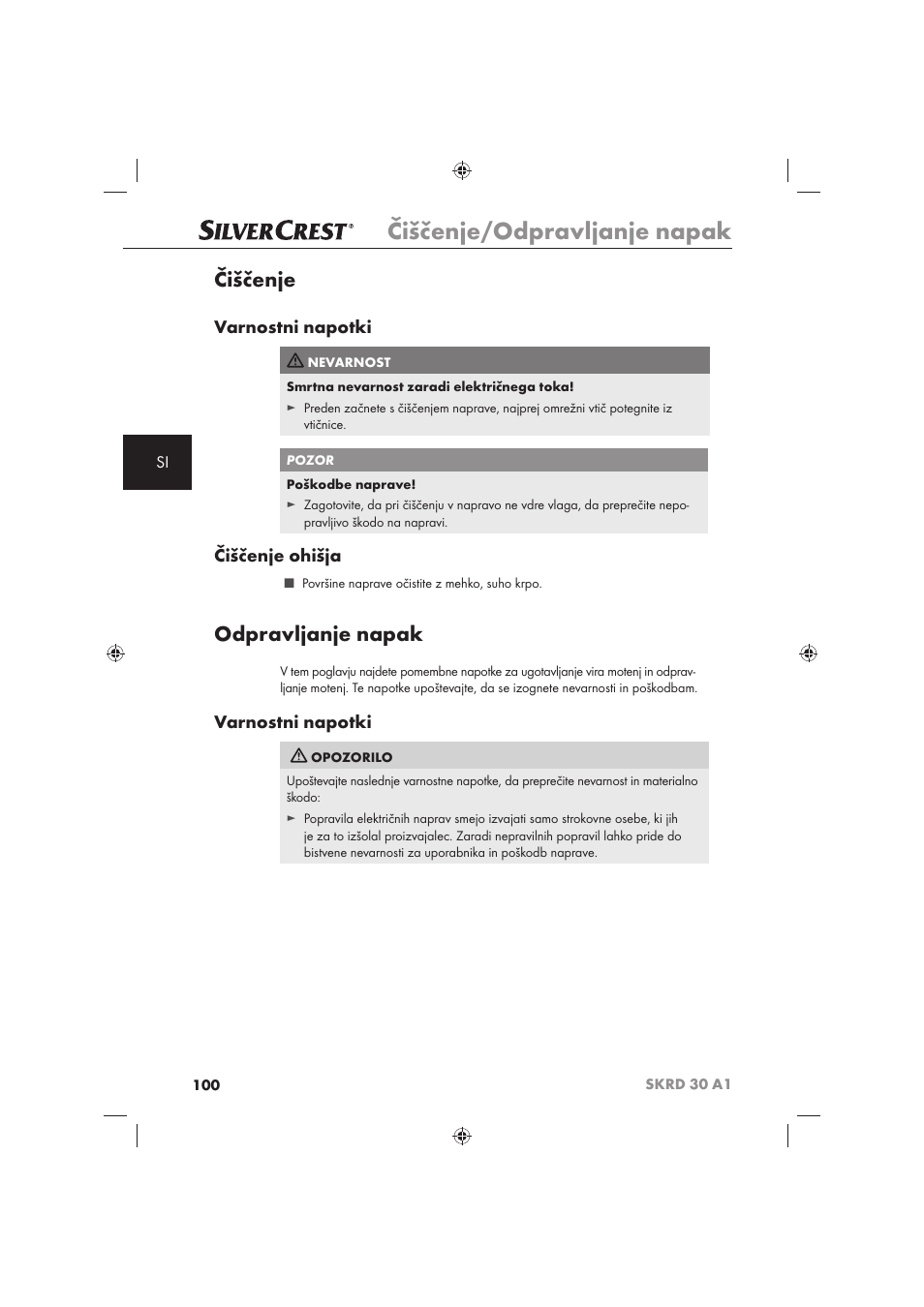Čiščenje/odpravljanje napak, Čiščenje, Odpravljanje napak | Varnostni napotki, Čiščenje ohišja | Silvercrest SKRD 30 A1 User Manual | Page 102 / 158