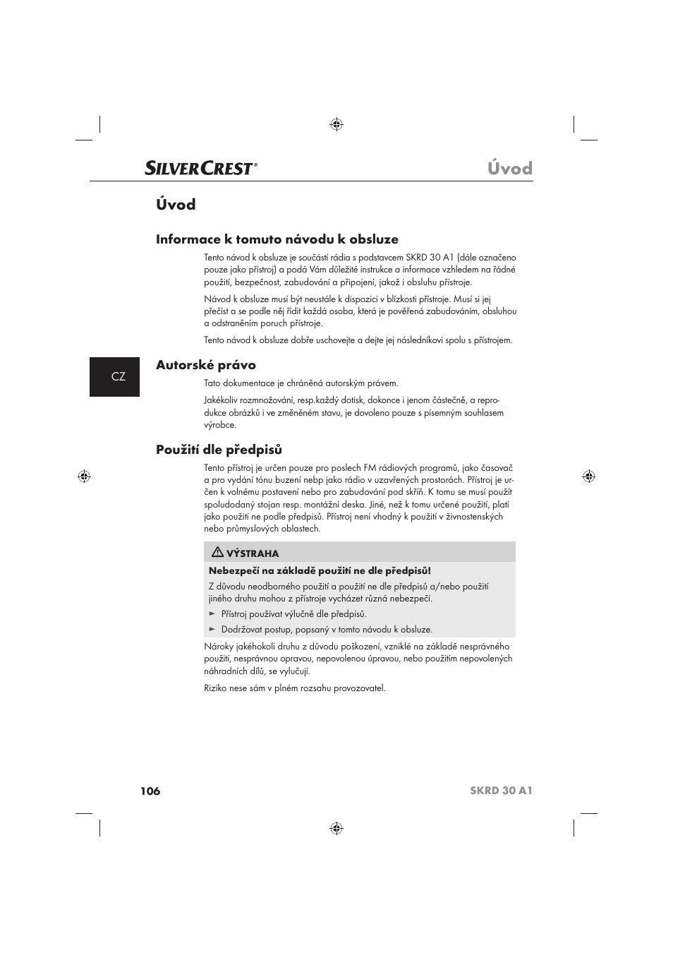 Úvod, Informace k tomuto návodu k obsluze, Autorské právo | Použití dle předpisů | Silvercrest SKRD 30 A1 User Manual | Page 108 / 158