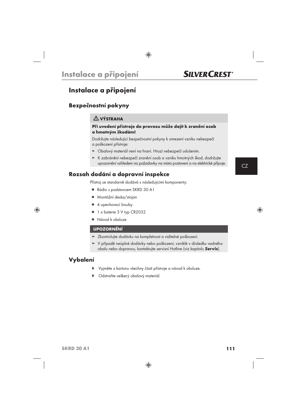 Instalace a připojení, Bezpečnostní pokyny, Rozsah dodání a dopravní inspekce | Vybalení | Silvercrest SKRD 30 A1 User Manual | Page 113 / 158