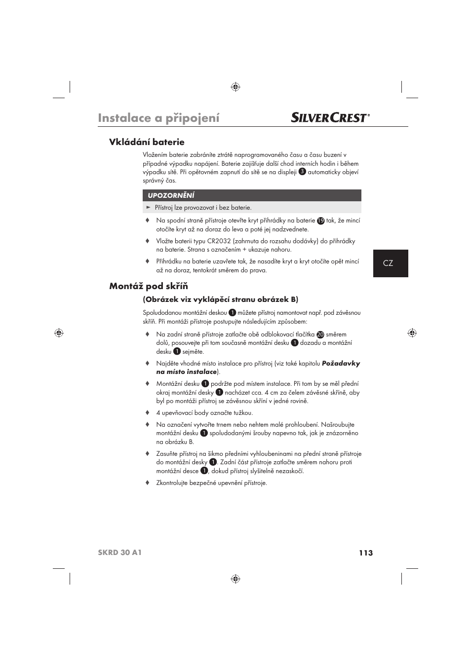 Instalace a připojení, Vkládání baterie, Montáž pod skříň | Silvercrest SKRD 30 A1 User Manual | Page 115 / 158