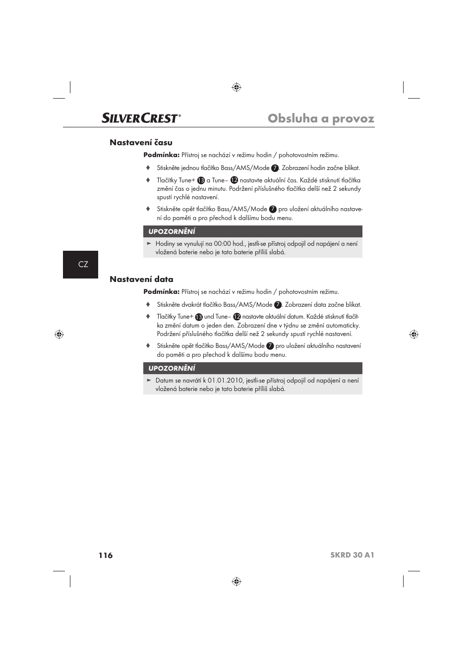 Obsluha a provoz, Cz nastavení času, Nastavení data | Silvercrest SKRD 30 A1 User Manual | Page 118 / 158