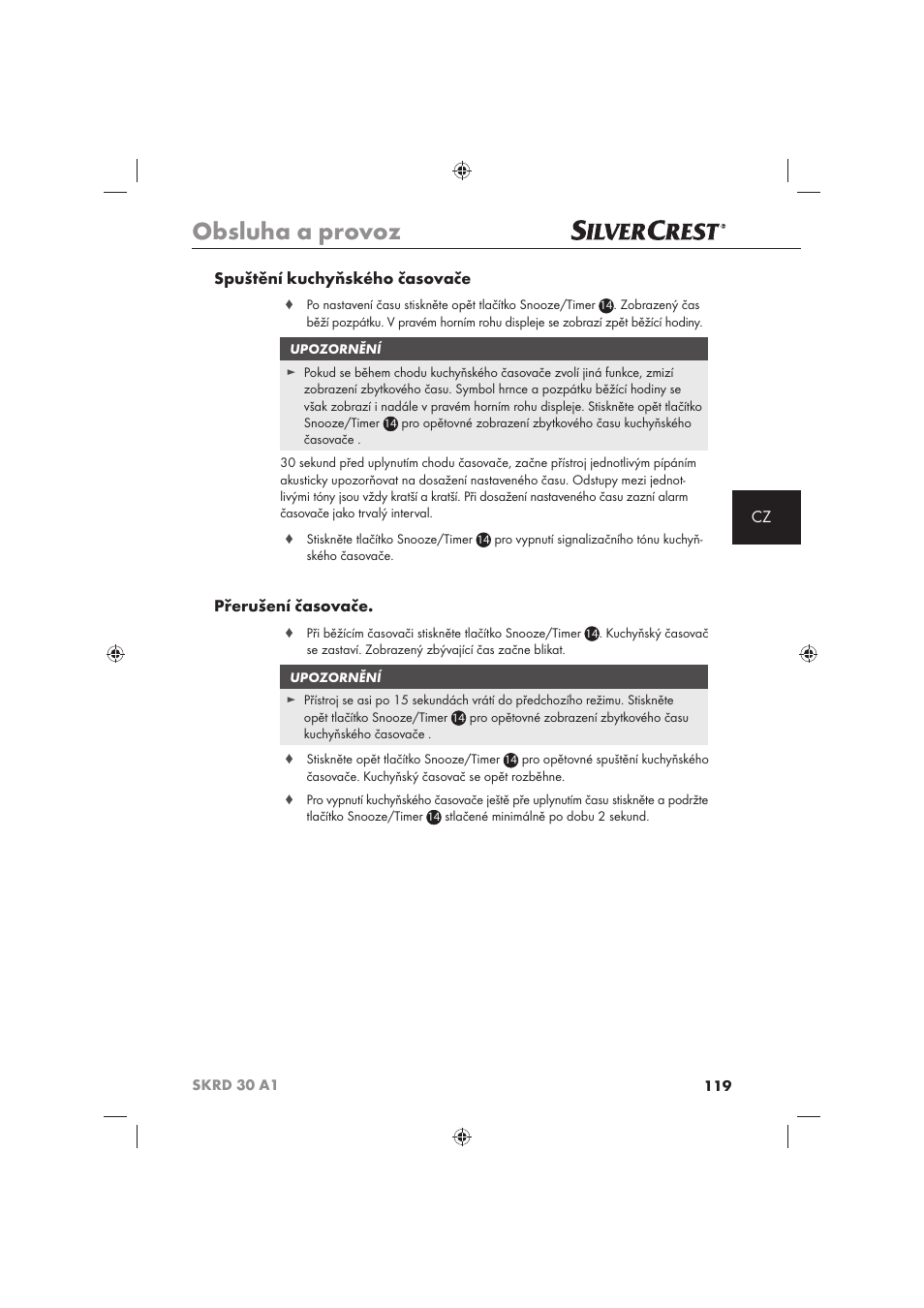 Obsluha a provoz, Cz spuštění kuchyňského časovače, Přerušení časovače | Silvercrest SKRD 30 A1 User Manual | Page 121 / 158