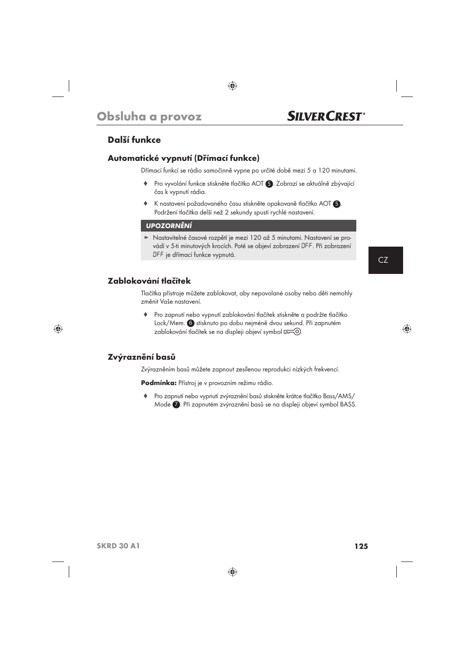 Obsluha a provoz, Další funkce, Automatické vypnutí (dřímací funkce) | Zablokování tlačítek, Zvýraznění basů | Silvercrest SKRD 30 A1 User Manual | Page 127 / 158