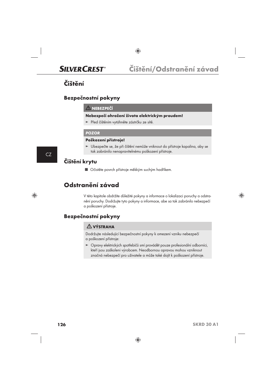 Čištění/odstranění závad, Čištění, Odstranění závad | Bezpečnostní pokyny, Čištění krytu | Silvercrest SKRD 30 A1 User Manual | Page 128 / 158