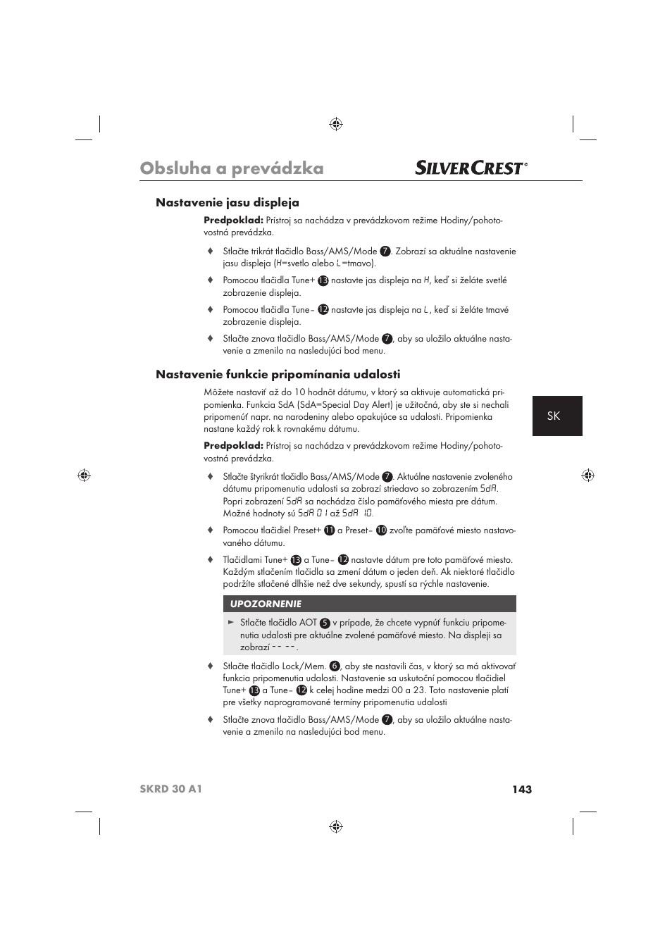 Obsluha a prevádzka, Sk nastavenie jasu displeja, Nastavenie funkcie pripomínania udalosti | Silvercrest SKRD 30 A1 User Manual | Page 145 / 158