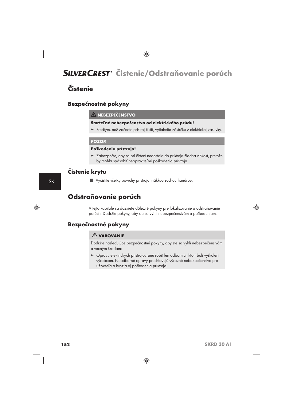 Čistenie/odstraňovanie porúch, Čistenie, Odstraňovanie porúch | Bezpečnostné pokyny, Čistenie krytu | Silvercrest SKRD 30 A1 User Manual | Page 154 / 158