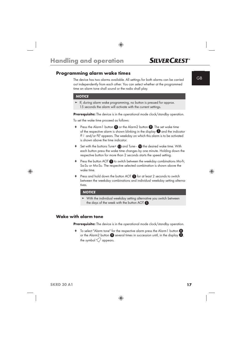 Handling and operation, Programming alarm wake times, Wake with alarm tone | Silvercrest SKRD 30 A1 User Manual | Page 19 / 158