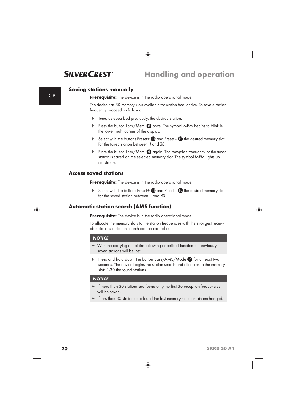 Handling and operation, Gb saving stations manually, Access saved stations | Automatic station search (ams function) | Silvercrest SKRD 30 A1 User Manual | Page 22 / 158