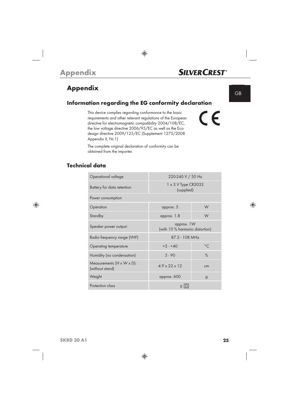 Appendix, Technical data | Silvercrest SKRD 30 A1 User Manual | Page 27 / 158