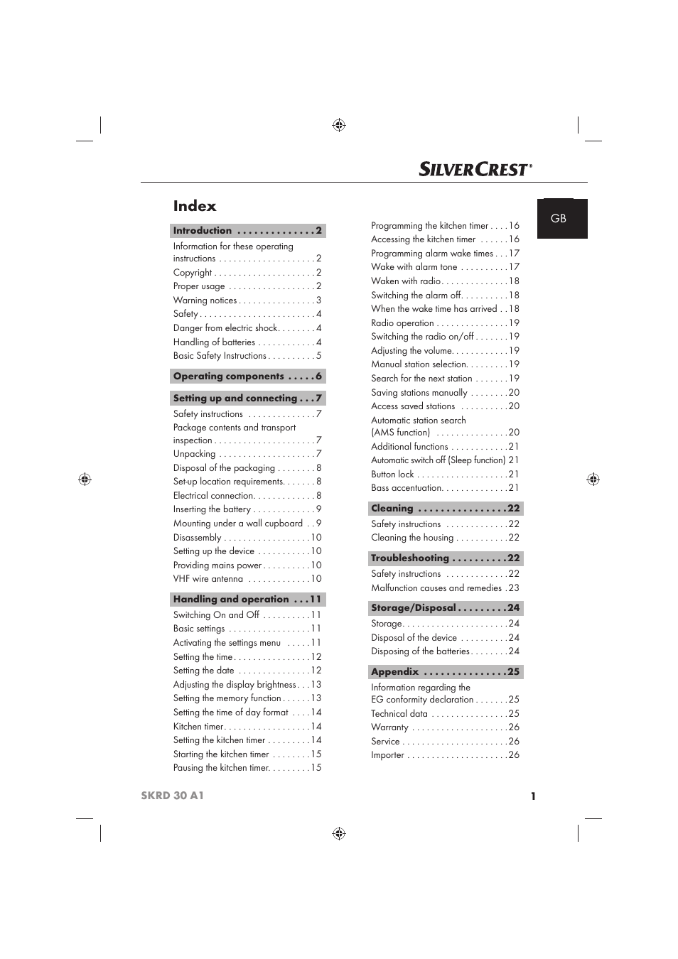 Index | Silvercrest SKRD 30 A1 User Manual | Page 3 / 158