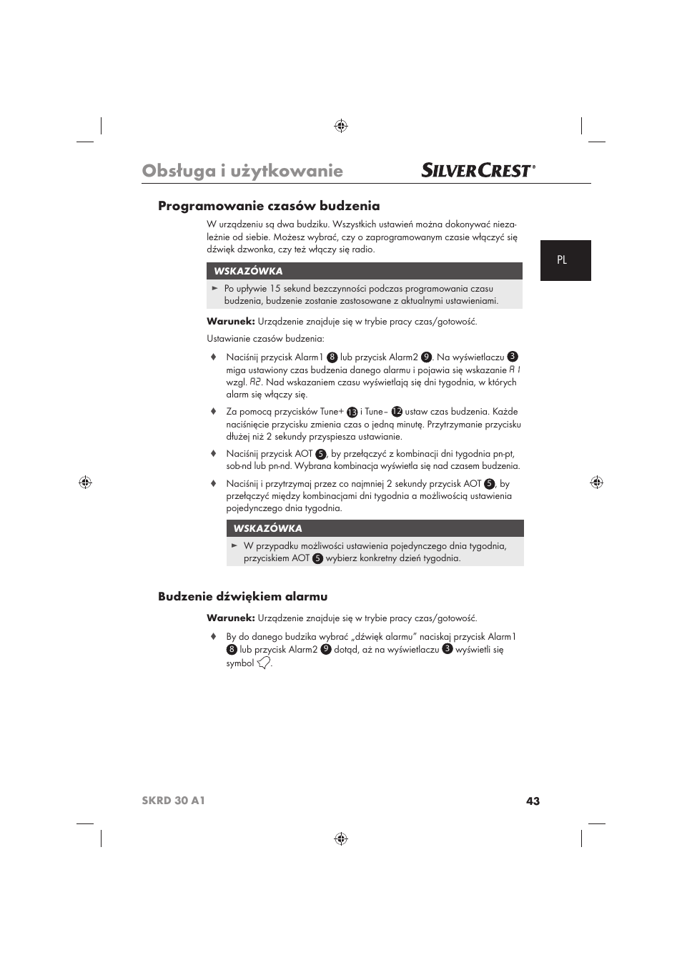 Obsługa i użytkowanie, Programowanie czasów budzenia, Budzenie dźwiękiem alarmu | Silvercrest SKRD 30 A1 User Manual | Page 45 / 158