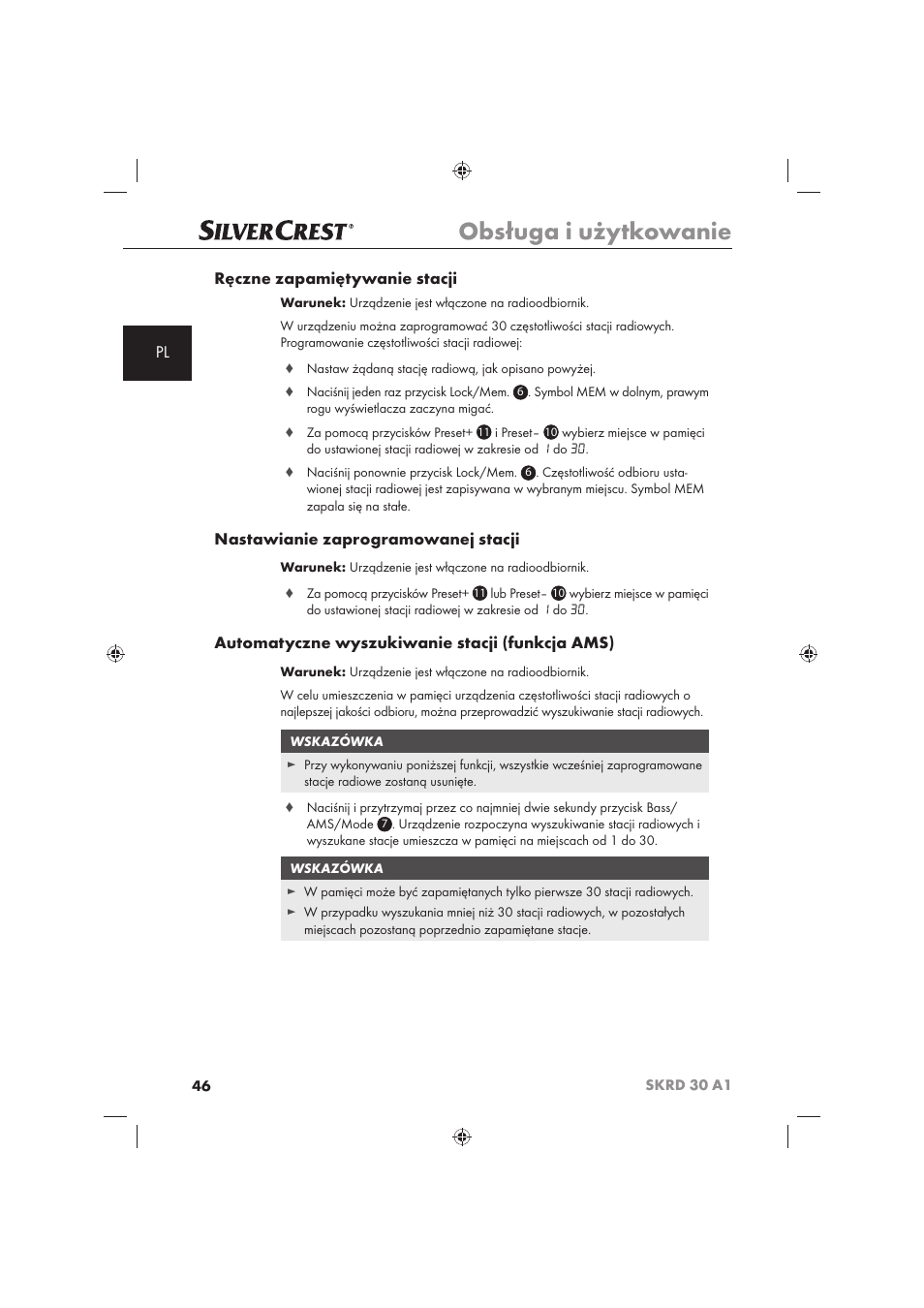 Obsługa i użytkowanie, Pl ręczne zapamiętywanie stacji, Nastawianie zaprogramowanej stacji | Automatyczne wyszukiwanie stacji (funkcja ams) | Silvercrest SKRD 30 A1 User Manual | Page 48 / 158